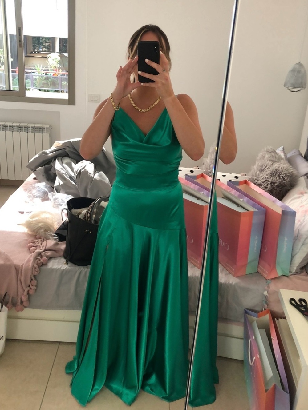 Bronx and Banco Green Satin Gown Dress